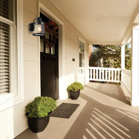 Oil Rubbed Bronze Outdoor Indoor Wall Sconce With Seeded Glass Shade No Fuss Easy Install 1 Light LED Bulb on porch