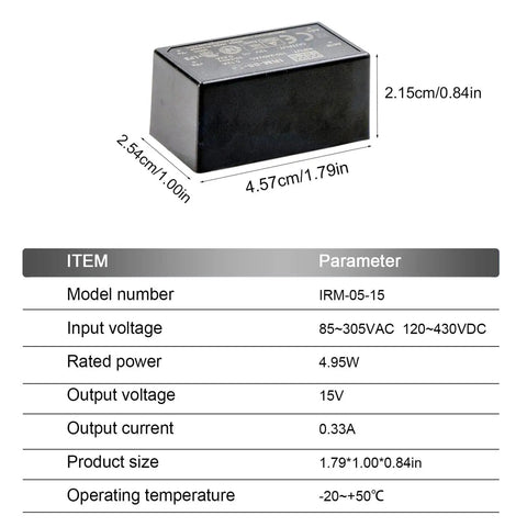 Ultra Compact 5W Single Output Pcb Mount Ac Dc Power Supply 15V With 85 To 305Vac Input in black, dimensions 4.57cm x 2.54cm.