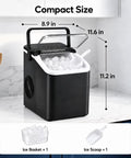 Swift As Lightning Countertop Ice Maker With Handle, Drops Fresh Bullet Ice In Mere Minutes, Dang Fast 26 Pound Daily Yield, Zero Drama Automatic Cleaning Comes With Roomy Basket And Solid Scoop Perfect For Busy Houses Or Road Trip Adventures Black on countertop with ice basket and scoop.