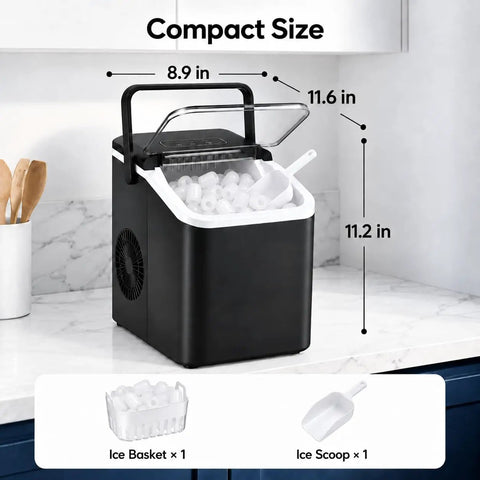 Swift As Lightning Countertop Ice Maker With Handle, Drops Fresh Bullet Ice In Mere Minutes, Dang Fast 26 Pound Daily Yield, Zero Drama Automatic Cleaning Comes With Roomy Basket And Solid Scoop Perfect For Busy Houses Or Road Trip Adventures Black on countertop with ice basket and scoop.