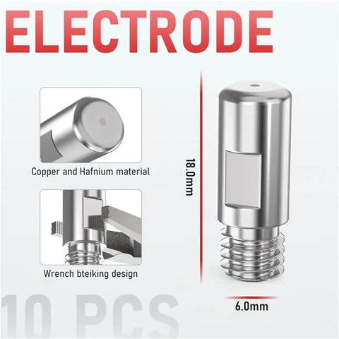 Top Tier 24Pc Plasma Cutter Consumable Kit For Cut-55Ds Pro And Cut-60Ds Pro Featuring Durable Metal Nozzles And High Grade Ceramic Rings To Keep Your Machine Hunky Dory With Superior Cuts Every Single Time. Copper electrode with wrench design, 180mm length, 6mm diameter.
