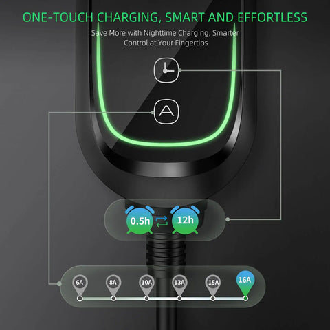 Portable Level 2 EV Charger 40A 9.6kW 240V with adjustable current and timing delay interface, close-up view.