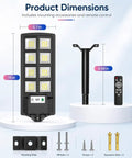 Heavy Duty Solar Flood Lights Outdoor 6000K LED Waterproof Motion Sensor With Remote Dusk To Dawn Security Light Built Tough And Holds Up Like A Champ For Your Yard Patio Walkway 2 Pack, showing dimensions and mounting accessories.