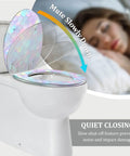 Elongated Resin Toilet Seat for Bathroom with a colorful shell pattern, round design, featuring quiet close hinges.