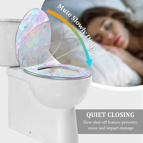 Elongated Resin Toilet Seat for Bathroom with a colorful shell pattern, round design, featuring quiet close hinges.