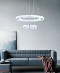 2 Ring Crystal LED Chandelier Pendant Light In Chrome, Dope Modern DIY Adjustable Multi Ring Ceiling Fixture in living room
