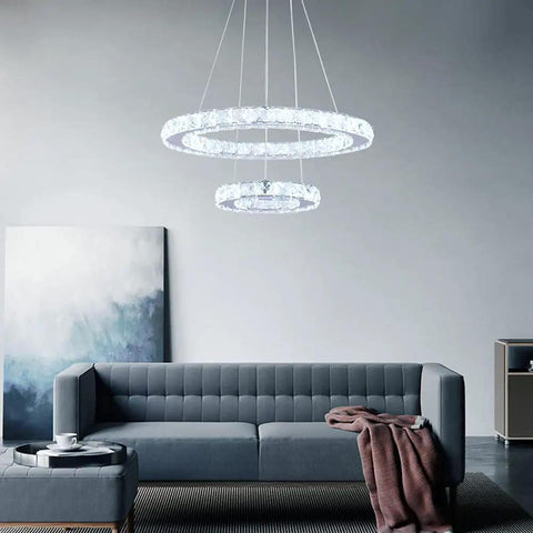 2 Ring Crystal LED Chandelier Pendant Light In Chrome, Dope Modern DIY Adjustable Multi Ring Ceiling Fixture in living room