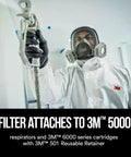 Worker wearing P95 Particulate Filter 5P71P For 5000 Series Respirators, Oil-Proof NIOSH Approved, safety gear in use