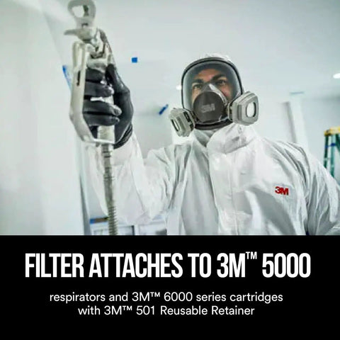 Worker wearing P95 Particulate Filter 5P71P For 5000 Series Respirators, Oil-Proof NIOSH Approved, safety gear in use