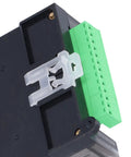 Close-up of DC 12V Programmable Logic Controller with 2N20MT module highlighting green connection terminals for industrial automation.