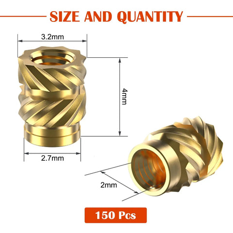 150 Pieces M2 Brass Heat Set Inserts With Knurled Bodies For Plastic Parts Great For 3D Printing Projects Use Heat To Install In Plastic Components M2 4 Three Point Two Millimeter showing dimensions
