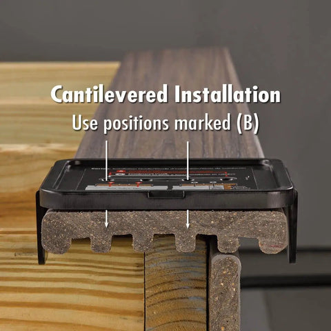 Cantilevered installation guide for hidden deck screws, demonstrating Trex Enhance Rocky Harbor planks.