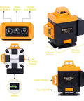 4D Self Leveling Laser Level With Bright Green Cross Line, 360 Degree Rotating Base, Auto Level Alerts, Manual Mode For Pro-Grade DIY Alignment, Fine Tuning Knobs For Exact Angles, High Visibility Cross Line Laser, 1/4" mount
