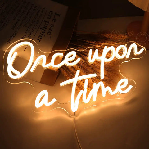 Once Upon A Time Neon LED Light Sign Warm White 15.8 Inch By 8.9 Inch USB Powered 5V glowing on table