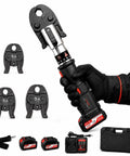 Professional 21V Brushless Electric Pipe Crimping Tool With 60kN Hydraulic Force For Copper Press Fittings in hand with battery pack.