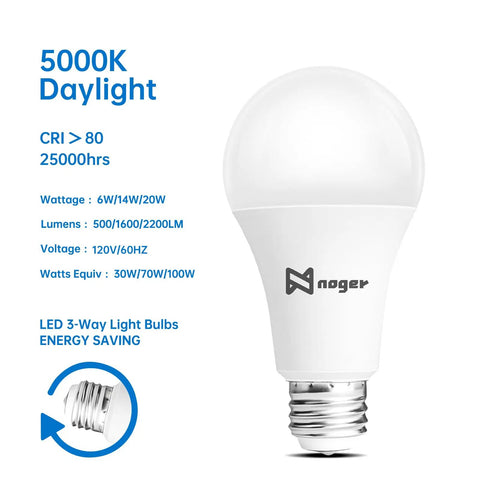 3 Way LED A21 Bulbs 4 Pack With 50 100 150W Equivalents, 5000K Daylight, E26 Base, energy saving lighting