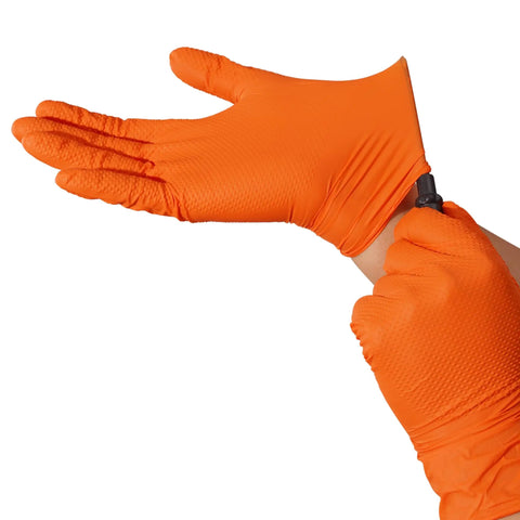 Tough As Nails Industrial Orange Nitrile Work Gloves With Solid Eight Mil Thickness And Raised Diamond Texture For Heavy Duty Jobs Chemical Resistant Latex Powder Free Secure Large Hands Fit Comfort One Hundred Count Pack, worn while putting on.