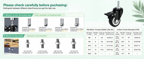 Chart showing dimensions for Heavy Duty 2 Inch Swivel Caster Wheels With Five Sixteenth Inch Threaded Mount 330 Lb Capacity Quiet PU Dual Locking Castors With Brakes Carbon Steel Frame