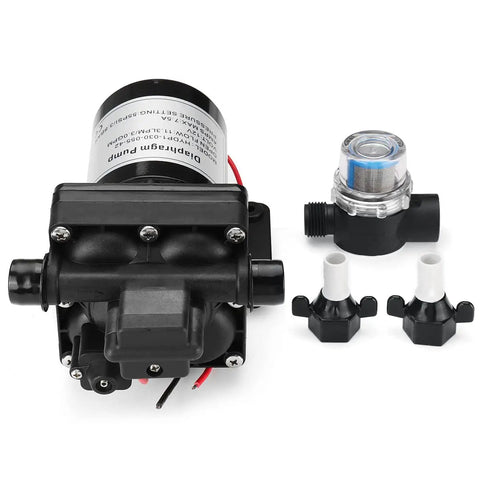 12V Diaphragm Water Pump With Self Priming Sprayer, 4 Chamber DC Electric Pump, 11.3 LPM 3.0 GPM, 55 PSI 3.8 Bar, components shown