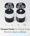 3 In 1 Pill Crusher And Cutter With Stainless Steel Grinding Head And Storage, top view showing V-shaped holder for precise cutting.