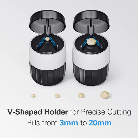3 In 1 Pill Crusher And Cutter With Stainless Steel Grinding Head And Storage, top view showing V-shaped holder for precise cutting.