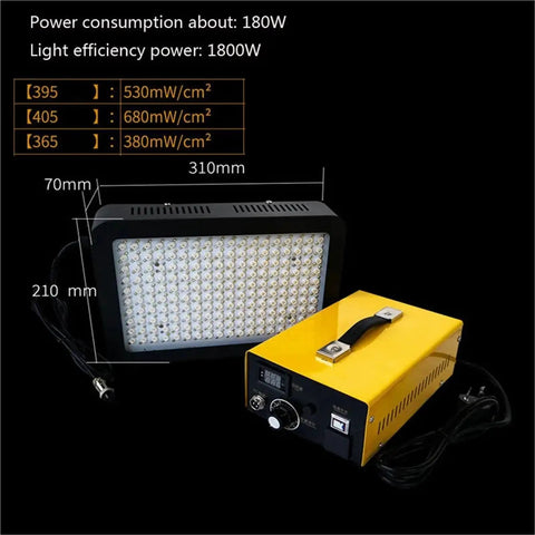Heavy Duty Cold Light UV Curing Lamp 3600W Top Shelf Shadowless Resin Dryer showing power specs and dimensions for print curing.