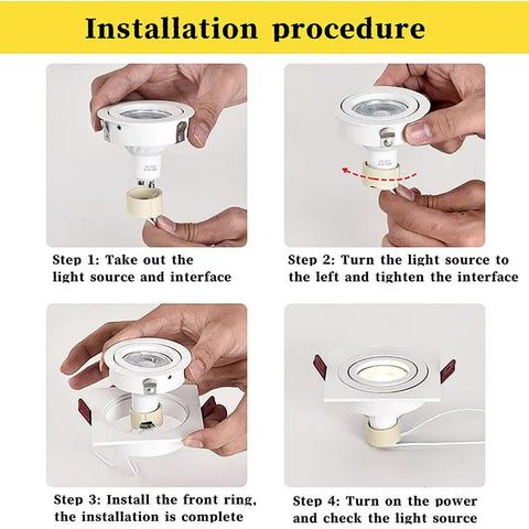 Installation steps for Two Pack Of Crisp White Square Recessed Lighting Trims With Angled Gu10 Downlight Housing.