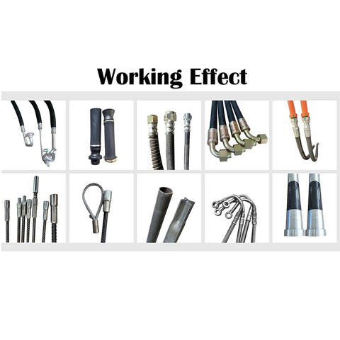 Various hydraulic hoses and fittings demonstrating usage with the Knocks Out Transmission And Brake Repairs Like A Boss Using This Portable 12V Electric Hydraulic Hose Crimping Tool With Ten Heavy Duty Dies For One Quarter To Two Inch Auto Lines.