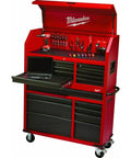 Heavy Duty 16 Drawer Tool Chest And Rolling Cabinet Set 46 Inch Red Black Workshop Storage featuring multiple drawers and a laptop shelf.