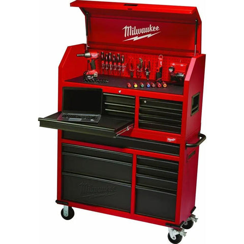 Heavy Duty 16 Drawer Tool Chest And Rolling Cabinet Set 46 Inch Red Black Workshop Storage featuring multiple drawers and a laptop shelf.