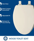Premium Elongated Toilet Seat With Smooth Slow Close Lid Built Tough Durable Hardwood Frame No Slip Base Quick Snap Hinges Drop Dead Easy Mount Biscuit Color For Home Setup, top view highlighting features.