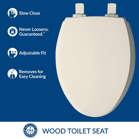 Premium Elongated Toilet Seat With Smooth Slow Close Lid Built Tough Durable Hardwood Frame No Slip Base Quick Snap Hinges Drop Dead Easy Mount Biscuit Color For Home Setup, top view highlighting features.