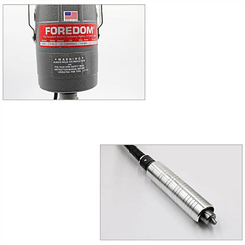 Rock Polisher With Flexible Shaft And Hanging Rotary Tool For Jewelry Making, showing close-up of motor label and shaft detail