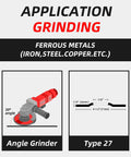 Diagram showing application for Heavy Duty 4-1/2 Inch Grinding Discs 1/4 Inch Thick 7/8 Inch Arbor with angle grinder and Type 27.