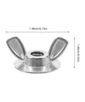 Close-up of Beefy Heavy Duty Hurricane Shutter Wing Nut with dimensions 1.90cm x 1.40cm, showing stainless steel wing nut design.