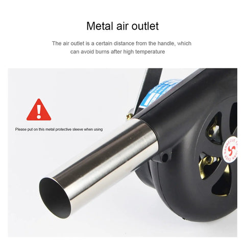 Metal air outlet of Hand Cranked Portable BBQ Fan and Campfire Bellows for safe airflow distance from handle.