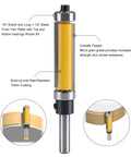 FTVOGUE Flush Trim Router Bit With Top And Bottom Bearings For 1/4 Inch Shank showing carbide tip and Teflon coating details.