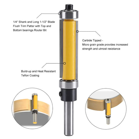 FTVOGUE Flush Trim Router Bit With Top And Bottom Bearings For 1/4 Inch Shank showing carbide tip and Teflon coating details.