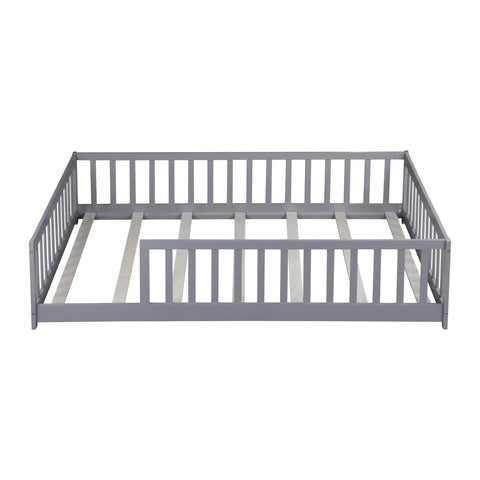 Full Floor Bed With Safety Guard Rails In Grey, Rubber Wood Low Profile Platform Frame For Kids, super solid setup