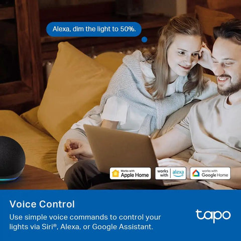 Couple using Smart 3 Way Dimmer Switch Kit With Matter Compatible for Alexa with laptop and smart speaker on couch