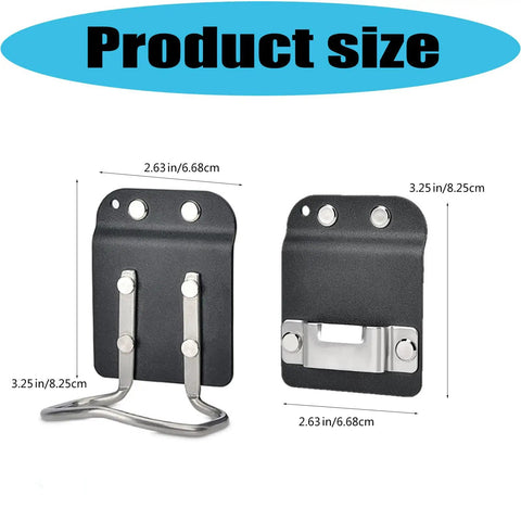 Badass Heavy Duty Tool Hooks For Power Drills And Tape Measures With Zero Hassle Job Site Setup Using Rock Solid Reinforced Nylon And Stainless Steel, size dimensions shown.