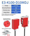 Built Tough Through Beam Photoelectric Sensor With Infrared Switch 10 Meter Sensing Range IP67 Waterproof 24-220V ACDC 5 Wire Square Mount Ideal For Industrial Automation And Harsh Environments, red rectangular sensor body with dimensions shown.