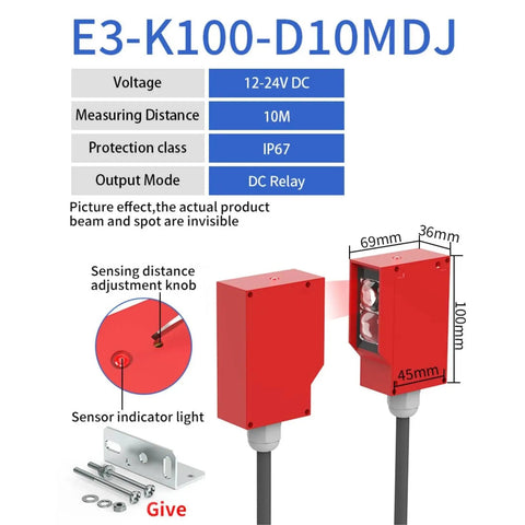 Built Tough Through Beam Photoelectric Sensor With Infrared Switch 10 Meter Sensing Range IP67 Waterproof 24-220V ACDC 5 Wire Square Mount Ideal For Industrial Automation And Harsh Environments, red rectangular sensor body with dimensions shown.