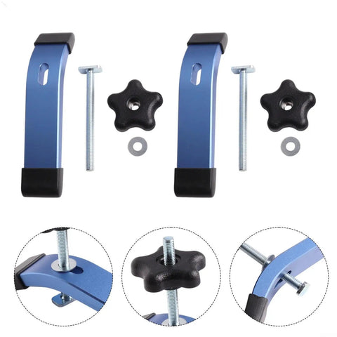 Premium M8 T Slot Hold Down Clamp Kit Blue Anodized Aluminum parts including smooth slide knobs and screws.
