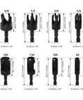 Heavy Duty Carbon Steel Wood Plug Cutter Drill Bit Set 8 Pack Hex Shank with various sizes and dimensions for wood cutting.
