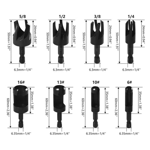 Heavy Duty Carbon Steel Wood Plug Cutter Drill Bit Set 8 Pack Hex Shank with various sizes and dimensions for wood cutting.