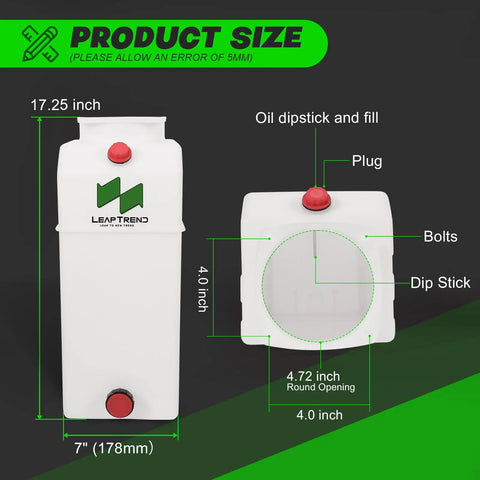 8 Quart Poly Power Unit Hydraulic Fluid Reservoir Tank For Hydraulic Systems, Heavy Duty Compatible With Dump Trucks Trailers RVs And Boats, with dimensions and components labeled.