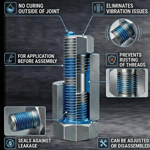 Cutaway view of Blue Medium Strength Threadlocker 0.34 Oz Bottle Locks Metal Fasteners Removable With Hand Tools Vibration Resistant And Solvent Resistant Keeps Threads Tight Yet Easy To Break Loose Disassembly 2 Pack in bolt assembly.