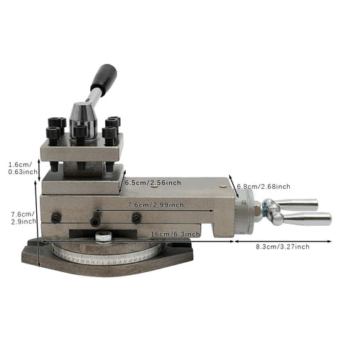 AT300 metal lathe tool post assembly with quick-change tool holder in gray alloy, side view