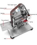 Heavy Duty Pneumatic Belt Sander Mini Handheld Grinder showing components like copper motor, abrasive belt, and workbench.